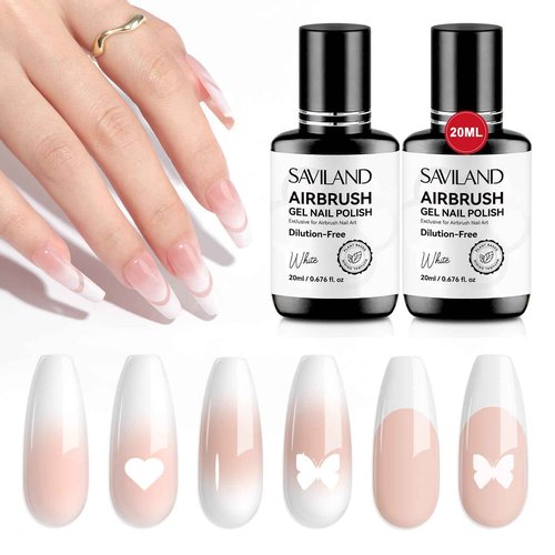SAVILAND Advanced Dilution-Free Airbrush Gel Nail Polish: Non-Acetone 2 PCS 20ml White Airbrush for Nails Gel Airbrush Paint Kit Non-Toxic Castor Oil & VE for Ombre French Nail Salon Nail Art & Party