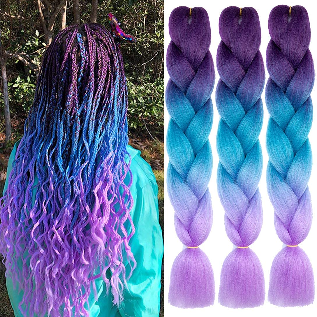 Xiaofeng 3 Packs 24Inch Kanekalon Braiding Hair Extensions Ombre Jumbo Synthetic Braids Hair Purple-Lake Blue-Light Purple