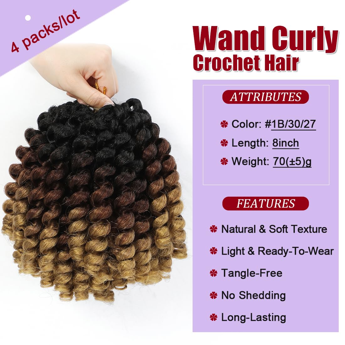 GetMaige Jamaican Bounce Crochet Hair For Black Women 4packs 72 Roots Natural Black Jumpy Wand Curls Crochet Hair Short Pre Looped Curly Crochet Hair (8inch（pack of 4), 1B/30/27)