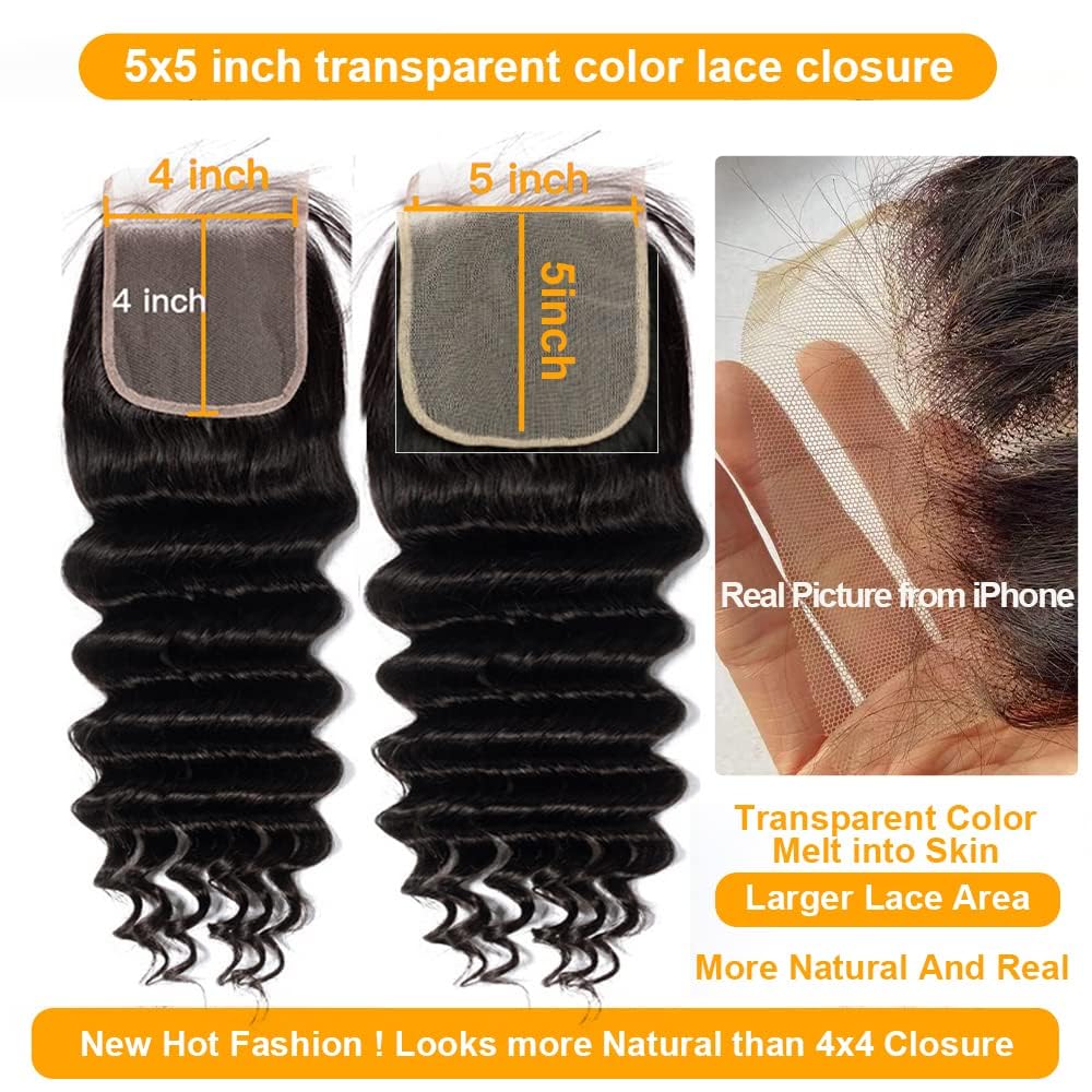 QTHAIR 5x5 Transparent HD Lace Closure Deep Wave Hair Closure Invisible Lace 14A Brazilian Virgin Remy Human Hair Frontal Closure 100% Human Hair Extensions Pre Plucked Natural Black 14 Inch