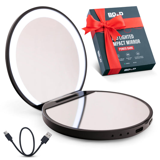 BoldAct Compact Mirror with Light 1X/3X Magnification LED Travel Makeup Mirror with Light and Power Bank Rechargeable, Dimmable Lighted Portable Makeup Mirror for Purse 2-Sided Folding Mirror, Black