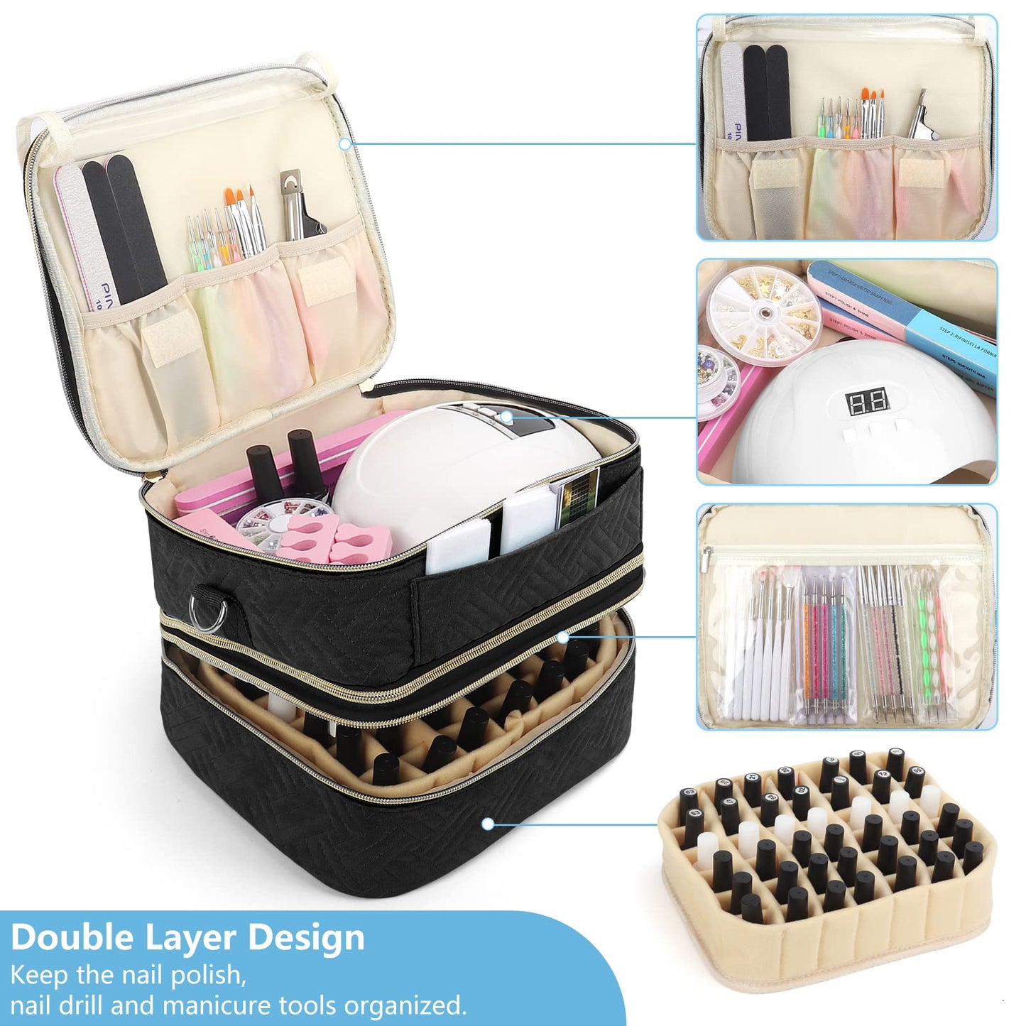 Double Layers Carrying Bag, Detachable Nail Polish Storage Organizer Case, Holds 42 Bottles Gel Nail Polish and 1 Led Nail Lamp, Travel Makeup for Nail Art Tools and Manicure Accessories