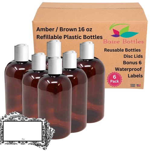 Baire Bottles - 16 oz Refillable Plastic Bottles with Disc Lids - 6 Pack with Waterproof Labels - Organize Soap, Shampoo, Lotion - PET, Lightweight, BPA Free (Amber/Brown, White Disc, Damask Labels)