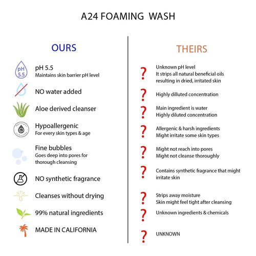 A24 Organic Aloe Foaming Wash | pH 5.5 | Hypoallergenic | No Water Added | 99% Natural | Vegan Formula | Ideal for Sensitive and Dry Skin | Soap Free