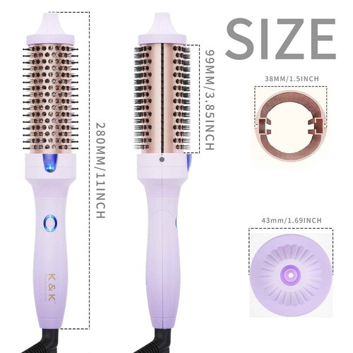 K&K 1.5 inch Volumizing Brush Heated Curling Ceramic Tourmaline Ionic Curling Iron Quick Heating Makes Hair Silky Smooth Dual Voltage Travel-Friendly Straightening Round Design (Purple, 1.5 Inch)