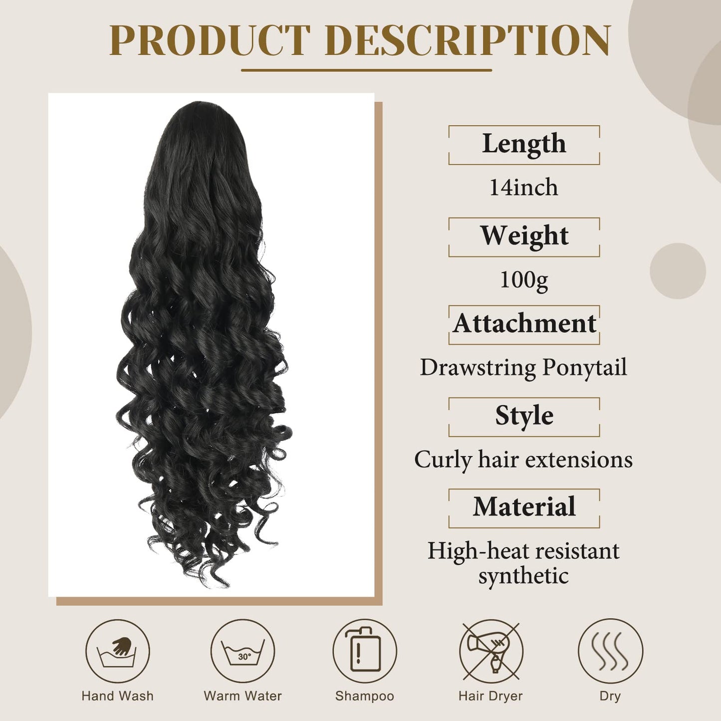 KRSI 14Inch Curly Hair Extension Drawstring Ponytails for Black Women, Synthetic Curly Short Fake Ponytail Fake Hair Gray Ponytail Extension Clip in Extension for Black Women (Black)