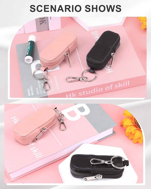 Lip Balm Holder Chapstick Holder Keychain Fashion Pu Leather Lipstick Pouch Lip Gloss Holder With Hook (Black)