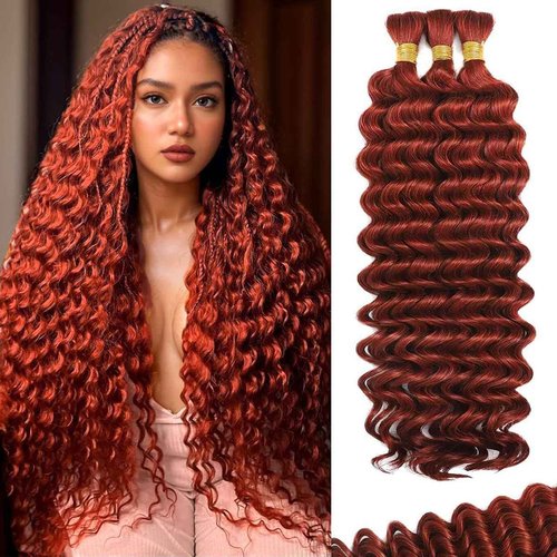 CIFENDIN Human Braiding Hair For Boho Braids 110g Deep Wave Bulk Human Hair for Braiding Knotless 12A 100% Brazilian Virgin Hair Extensions Bulk Bohemian 3 Bundles Color Copper 14 Inch
