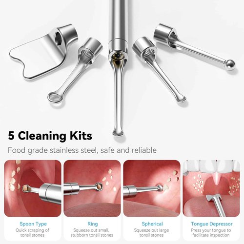2025 Upgraded Tonsil Stone Remover with Camera, Visual Tonsil Stone Removal Kit with 6 LED Light, Tonsil Stone Removal Tool Camera with 1080P, 5 Head Attachments, for iOS & Android (White)