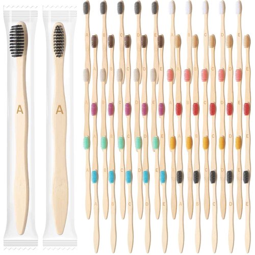 Sieral 120 Pcs Bamboo Toothbrushes Bulk Soft Bristle Individually Wrapped Travel Toothbrush Natural Wooden Tooth Brush for Homeless Kid Adult Home Travel Use, 7.5 Inch, 12 Colors (Letter)
