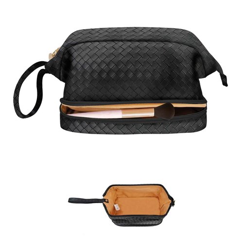 NGIL Faux Leather Cosmetic Bag for Women, Makeup Bag Organizer, Makeup Brush Storage, Portable Travel Bag for Toiletries (Woven, Black, Medium)