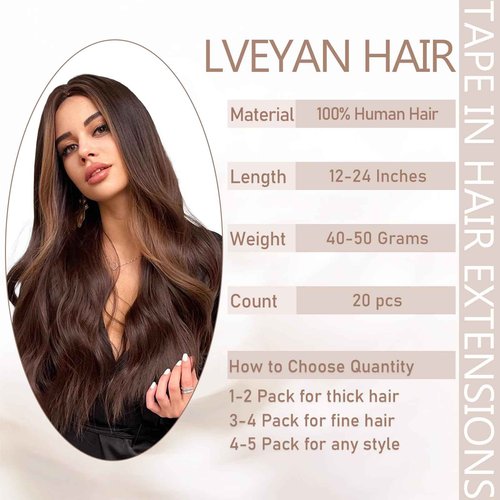 Lveyan Tape in Hair Extensions Human Hair, 14 Inch Dark Brown to Chestnut Brown/Dark Brown Remy Human Hair Skin Weft 20pcs 40g/pack Invisible Tape in Hair Extensions (#T2-P6/2, 14 Inch)