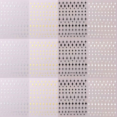 12 Sheets Star Nail Art Stickers Decals Gold Silvery Nail Stickers Star Design 3D Self-Adhesive Nail Decals Black White Manicure Supplies for Holiday Nail Art Decorations