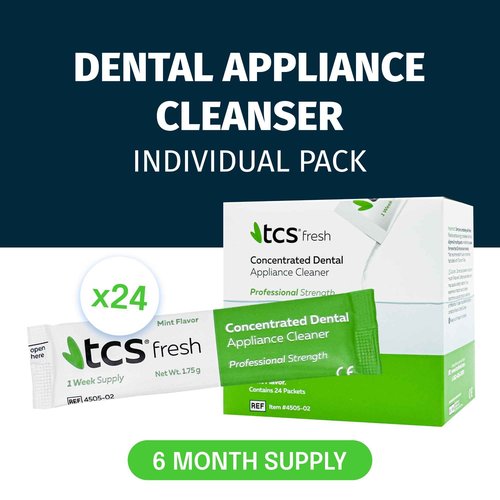 TCS Fresh Concentrated Dental Appliance Cleaner Set, Professional Denture and Retainer Cleaner Powder with Soft Bristle Brush (24 Packets, 6 Month Supply, Mint Flavor)