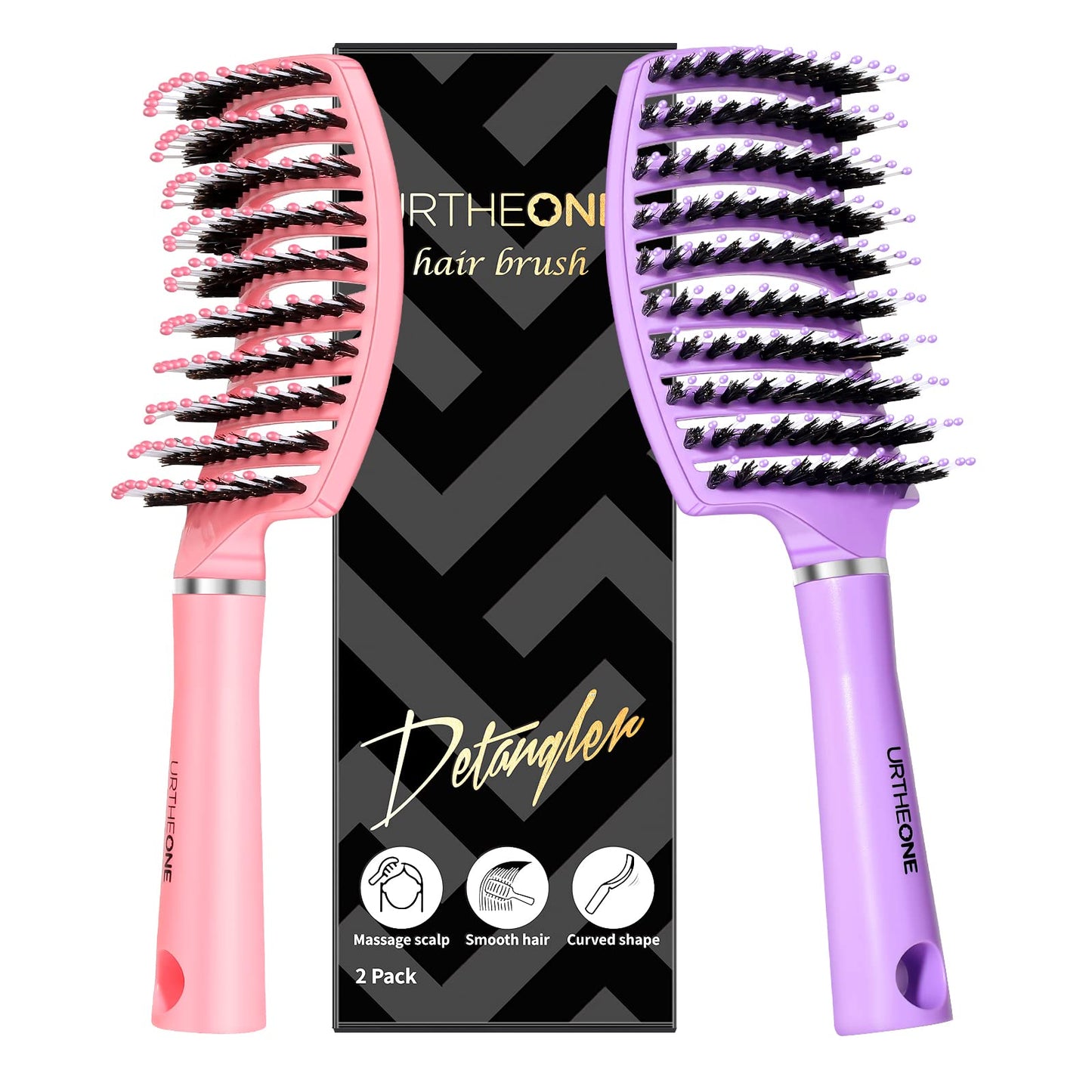 Hair Brush,URTHEONE Detangling Hairbrush Boar Bristle Curved Vented Hair Brush for Women Men Kids Curly Thick Long Short Wet or Dry Hair, Faster Blow Drying (2Pack, Pink&Purple)