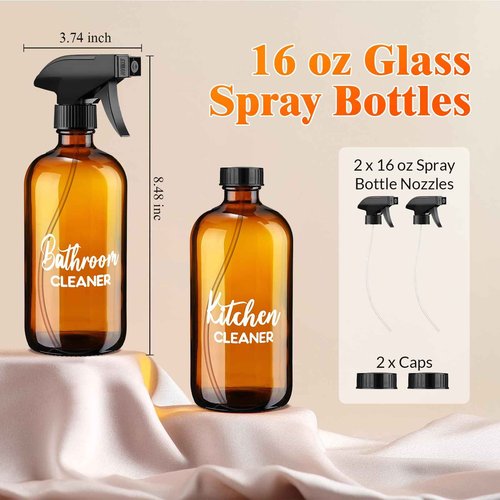 Tioncy Empty Amber Glass Spray Bottles with Labels 2 Pack Large 16oz Refillable Bottle for Essential Oils Plants Cleaning Solutions Hair Mister Adjustable Nozzle(Kitchen Cleaner and Bathroom Cleaner)