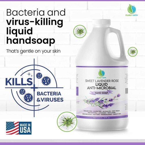 Plainly Earth AntiMicrobial Hand Soap 64 oz - Soft and Gentle Sweet Lavender Rose Antibacterial Hand Wash Soap, Long Lasting Freshness & Safe for Skin - Eco Friendly Bulk Refill Packaging