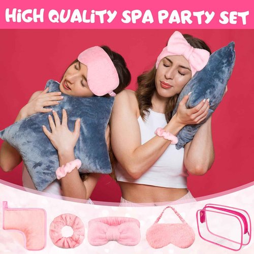 FIONUPI 30 Pcs Spa Sleepover Party Supplies 6 Bow Makeup Headband 6 Pink Plush Sleep Eye Mask 6 Velvet Scrunchies 6 Makeup Remover Cloth 6 Clear Cosmetic Bags for Women Slumber Party Favors