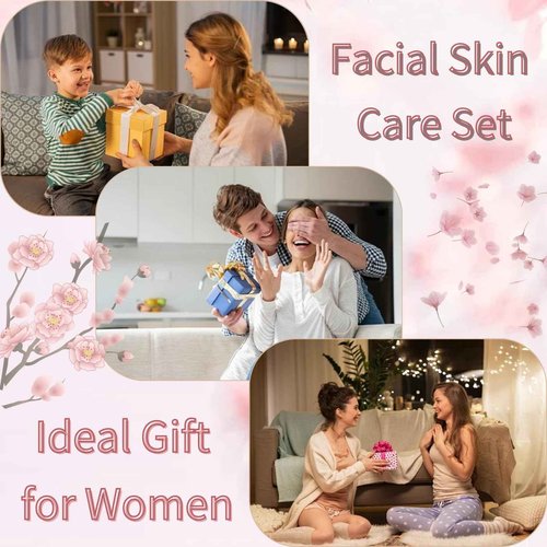 Evolvique Japan Sakura Skincare Set Women Gifts - 8 Pcs Teenage Skin Care Set - Skin Care for Teens 10-12 - Skincare for Girls 10-12 - Teen Skin Care Kit with Face Mask,Cleanser,Cream,Headband