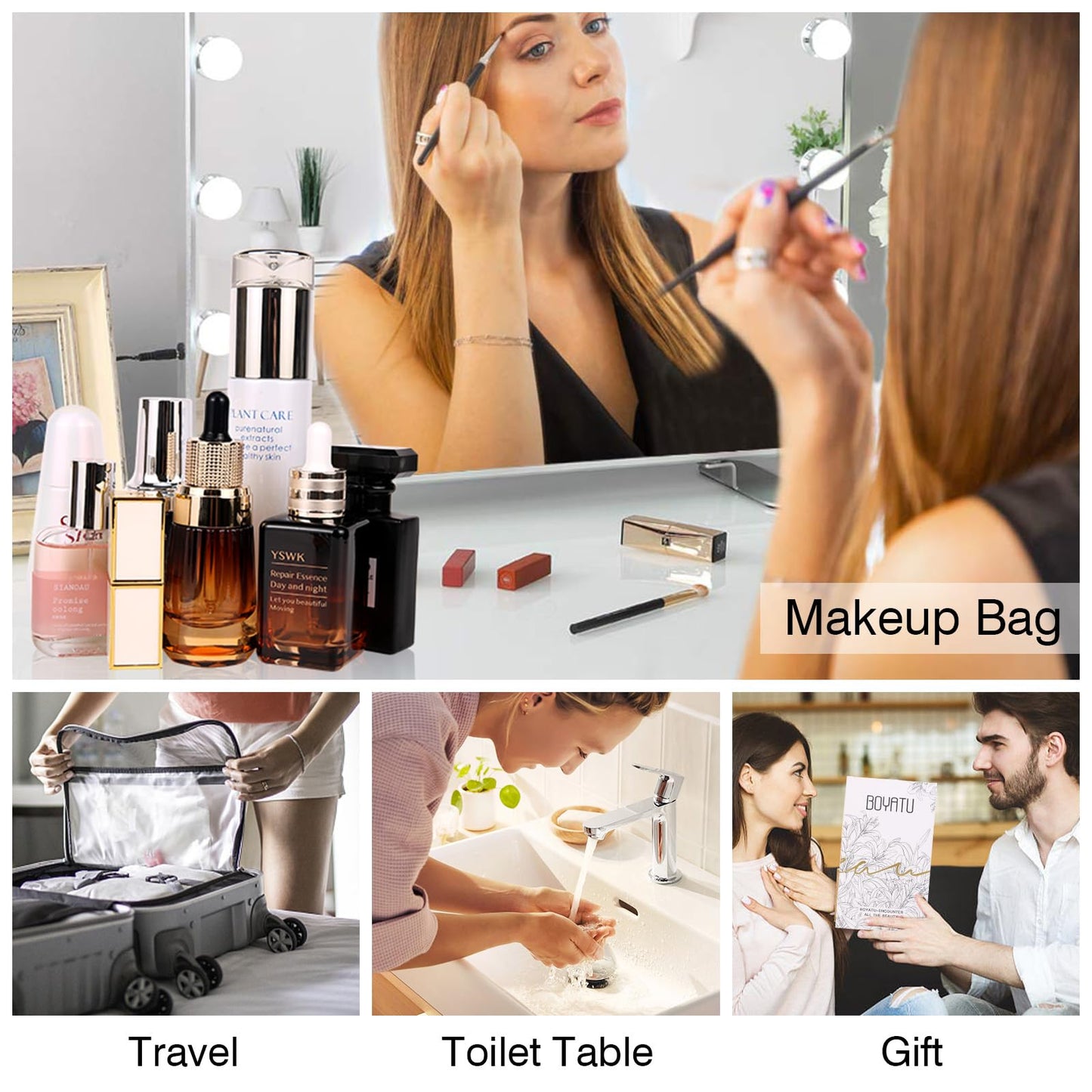 Travel Makeup Bags Cosmetic Organizer Bag: 3-Set Large Capacity Make up Bag - PU Leather Toiletry Bag for Women - Wide Open Portable Pouch with Divider & Handle 03-Brown 6