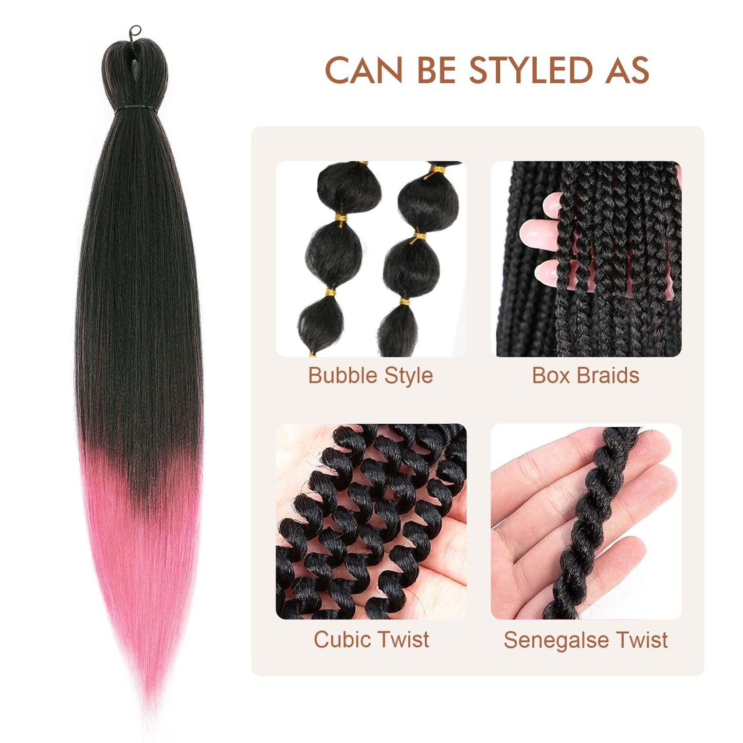 DIFUNEE Pre-stretched Braiding Hair - 16 Inch 8 Packs Ombre Pink Short Braiding Hair For Twist or Box Braids, Yaki Texture Hot Water Setting Synthetic Braiding Hair Extensions (16 Inch, T-Pink-8P)