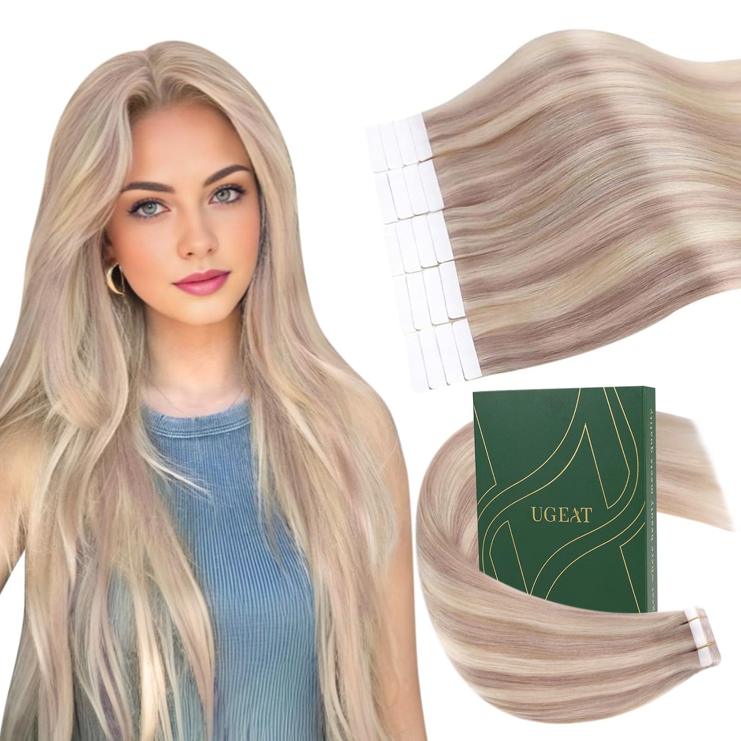 Ugeat Tape in Hair Extensions Real Human Hair Blonde Hair Extensions Tape in Ash Blonde Highlights Bleach Blonde Human Hair Invisible Tape in Extensions for Short Hair 10Inch 20pcs 30G