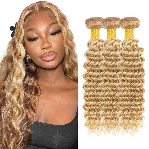 MLMYBAYEA P27/613 Human Hair Bundles Blonde Deep Wave Bundles 08 10 12 Inch Blonde Highlight Deep Wave Extensions Unproceesed Brazilian Virgin Hair For Women