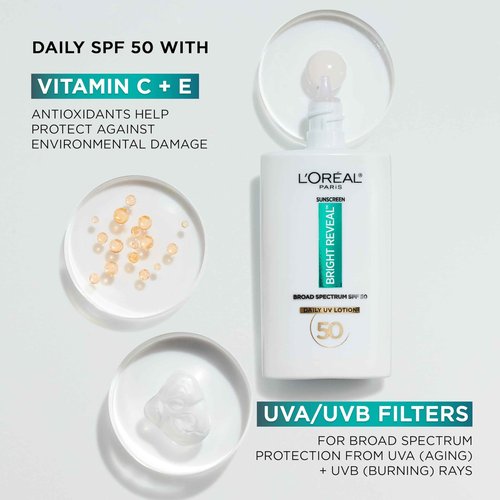 L'Oreal Paris Bright Reveal Broad Spectrum Daily SPF 50 UV Lotion, 1.7 fl oz + Moisturizer Sample