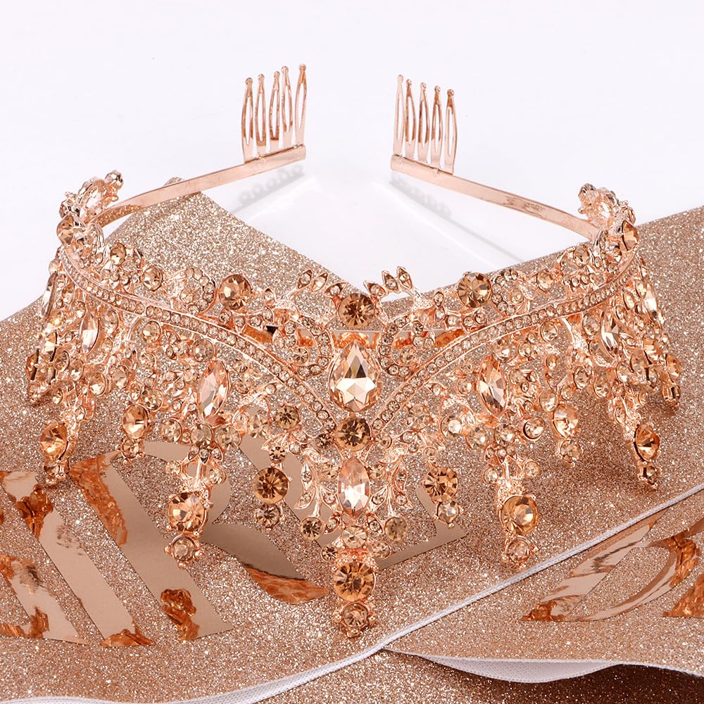 ATODEN Birthday Girl Sash Tiara Queen Crown Tiaras and Crowns for Women Girls Rose Gold Crystal Princess Tiara Rhinestone Headbands Quinceanera Crown Headpieces Happy Birthday Decorations Accessories