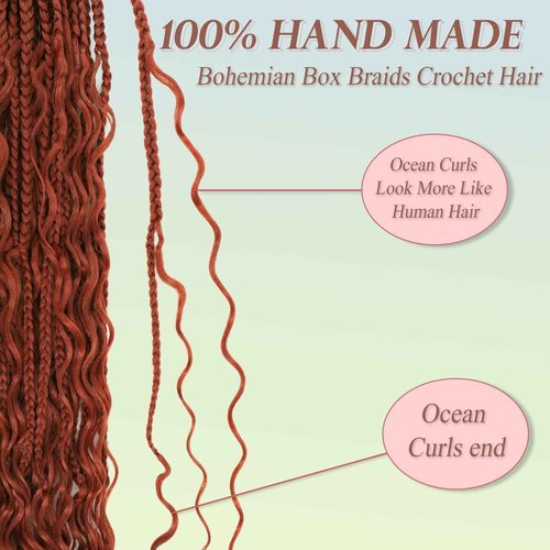 Miuric Boho Box Braids Crochet Hair for Black Women 24 Inch 7 Packs Goddess Box Braids Crochet Hair Pre-Looped with Curly Ends Reddish Brown Bohemian Synthetic Briading Hair Extensions