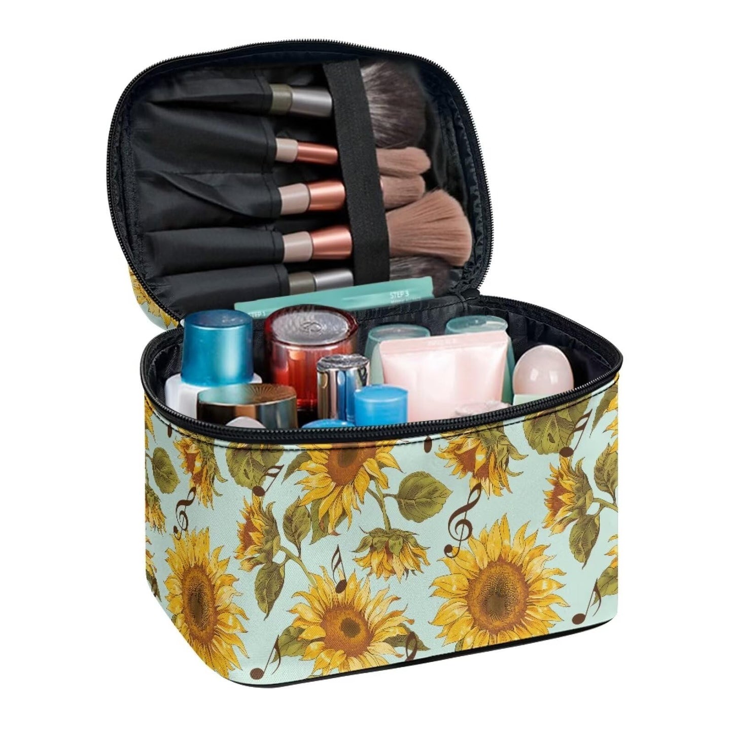 Psaytomey Travel Toiletry Bag Sunflower Music Printed Makeup Brush Bag Case Multifunctional Cosmetic Organizer Durable Makeup Pouch with Handle and Divider