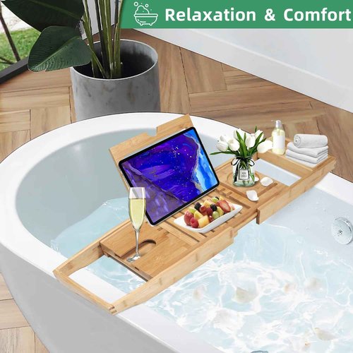 my novel things Bathtub Tray, Foldable Bath Tray for tub, Bamboo Bathtub Trays for tub, Luxurious Bath Accessories with Wine, Book & Tablet Holder - Expandable Size Fits Most Tubs - Wedding Gifts