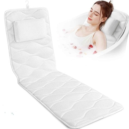 TranquilRelax Bath Pillow for Tub with Laundry Bag & 17 Non-Slip Suction Cups, Extra Thick and Soft Bathtub Pillow for Head, Neck & Shoulder Support, 51" x 16" White