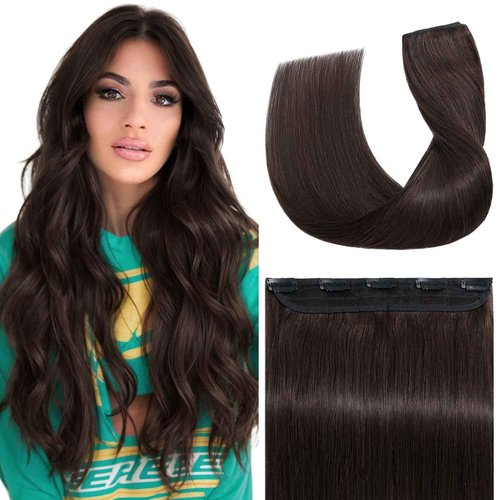 S-noilite One Piece Clip in Human Hair Extensions 5 Clips 3/4 Full Head Clip on Remy Hair Extension For Women Lighter One-Piece Design 16Inch 45g Dark Brown