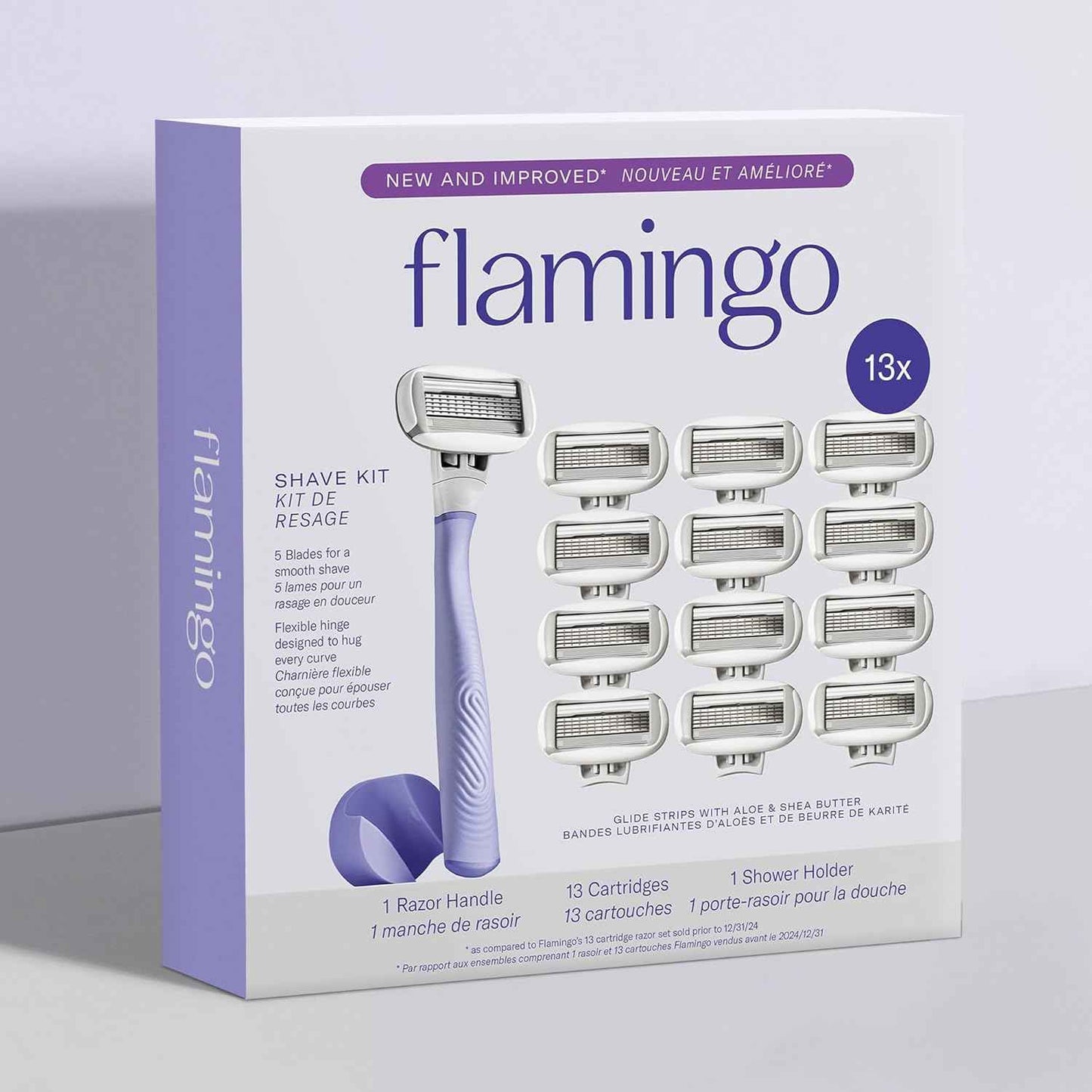 Flamingo Razors for Women, 1 Women's Razor Handle (Lilac), 13 Razor Five-Blade Refills, and 1 Shower Holder
