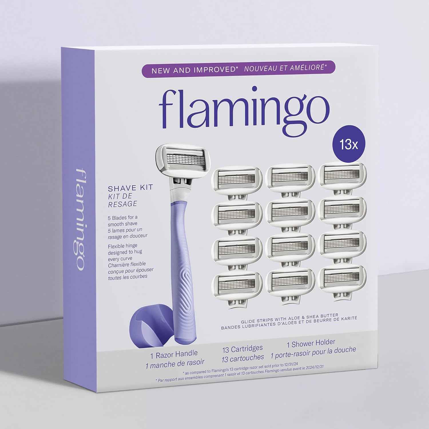 Flamingo Razors for Women, 1 Women's Razor Handle (Lilac), 13 Razor Five-Blade Refills, and 1 Shower Holder