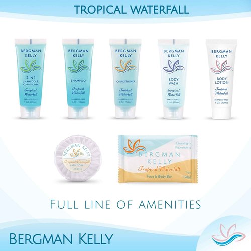 Bergman Kelly Hotel Toiletries Bundle (Tropical Waterfall, 1 oz each, 40 Pcs) 4-Piece Set: 10 Rectangular Bar Soap, 10 Shampoo, 10 Conditioner & 10 Body Lotion - Bulk Mini Guest Amenities Supply