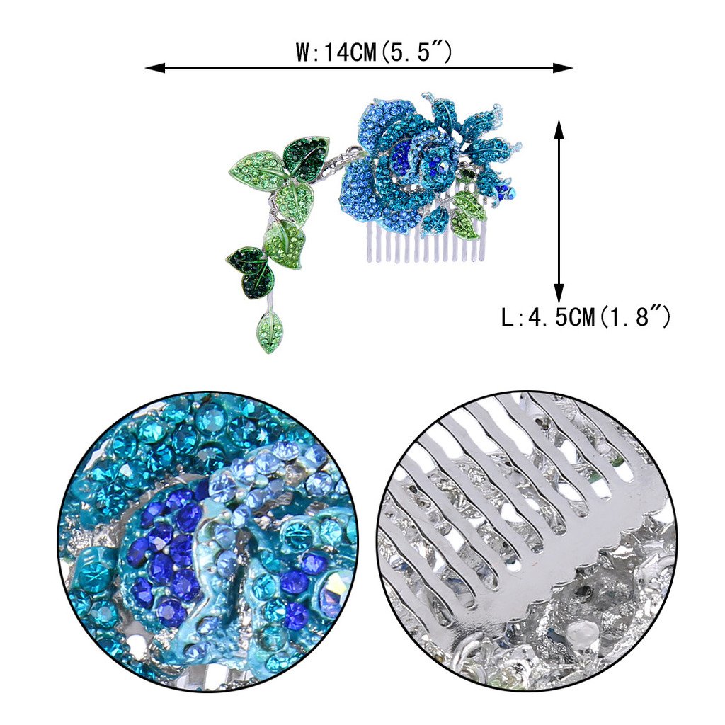 EVER FAITH Silver-Tone Austrian Crystal Enamel Wedding Rose Flower Vine Leaf 5.5 Inch Hair Comb Blue