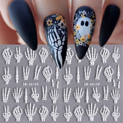 2Pcs Halloween Nail Art Stickers Skull Nail Decals 5D Embossed with Fantasy Bone Skeleton Design Nail Stickers White Hand Finger Bones Nail Art Supplies Adhesive Nail Stickers for Nail Art for Women