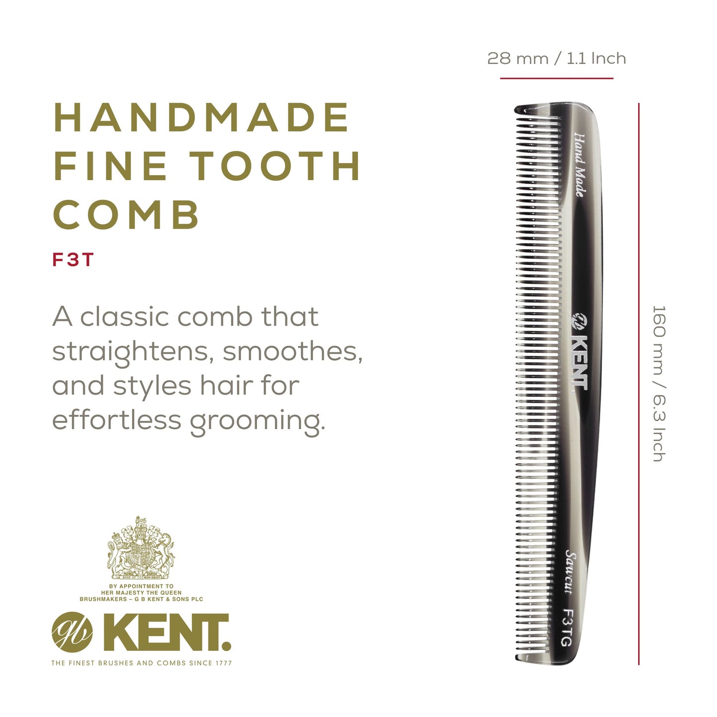 Kent F3T Fine Tooth Comb for Hair Care - Parting Comb and Combs for Men and Combs for Women - Dandruff Hair Comb, Kent Mens Combs for Hair Fine Teeth Comb Hair Comb Fine, Men Comb Comb for Women