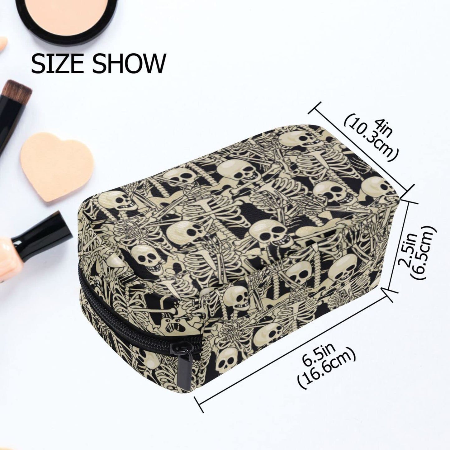 JHKKU Fun Skull Makeup Bag Portable Square Cosmetic Bag Black Zipper Storage Bag for Women Travel Toiletry Bag