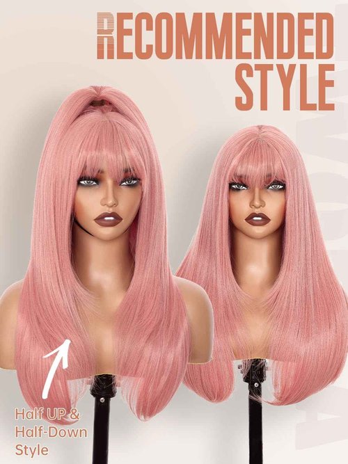 Pink Glueless Lace Front Wig For Women | 26 Inch Long Straight Layered Synthetic Wig With Curtain Bangs | Heat Resistant, Wear & Go, No Glue Needed | Cosplay & Daily Use