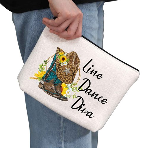 G2TUP Line Dance Gift Line Dance Diva Makeup Bag Western Country Music Dancing Dancer Cosmetic Bag Country Music Lover Gift Zipper Travel Bag (Line Dance Diva White Bag 2.0)