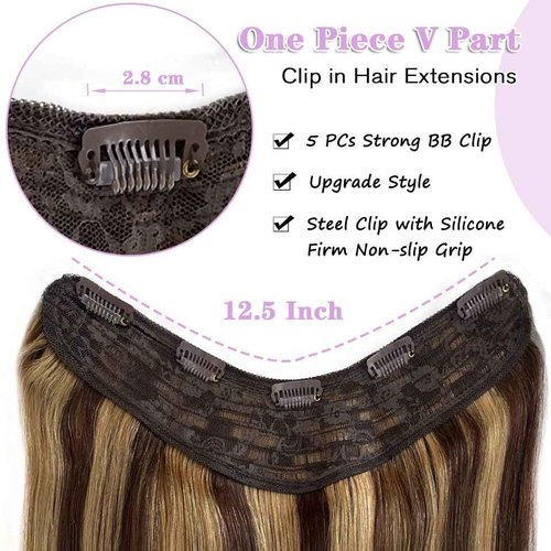 Human Hair Clip Extensions - Chocolate Brown to Caramel Blonde Ombre Highlight V Shape - 14" 70G 4/27 One Hairpiece 3/4 Full Head Balayage With 5 Secure Clips