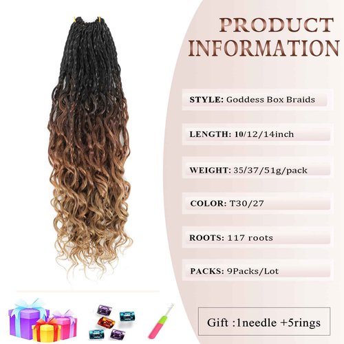 Flagship 9 Packs Goddess Box Braids Crochet Hair for Black Women,14 Inch Pre-looped Ombre 3Tone Crochet Braids with Curly Ends,Bohemian Hippie Box Braids Crochet Hair Curly Crochet Hair -1B/30/27