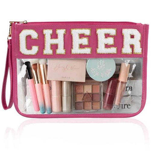 BuyCard Cheer Chenille Letter Bags Clear Makeup Bag, Cheerleader Gifts Cosmetic Bag, Varsity Preppy Patch Flat Pouch Cheer Accessories, Waterproof PVC Organizer Toiletry Bag for Women Girls