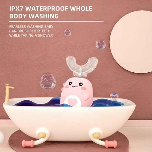PLAYIKO Kids U Shaped Electric Toothbrush with 4 Brush Heads, 360° Sonic Automatic Toothbrush with 3 Cleaning Modes, IPX7 Waterproof Cartoon Dinosaur Design (Ages 2-12)