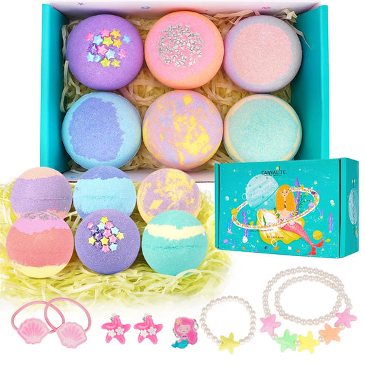 Canvalite Kids Bath Bombs with Surprise Inside 6 Pcs Handmade Bath Bombs Kits Mermaid Gifts for Girls Skin Friendly and Safe Natural Bath Bombs Spa Fizzy Bubble Bath with Little Girls Jewelry