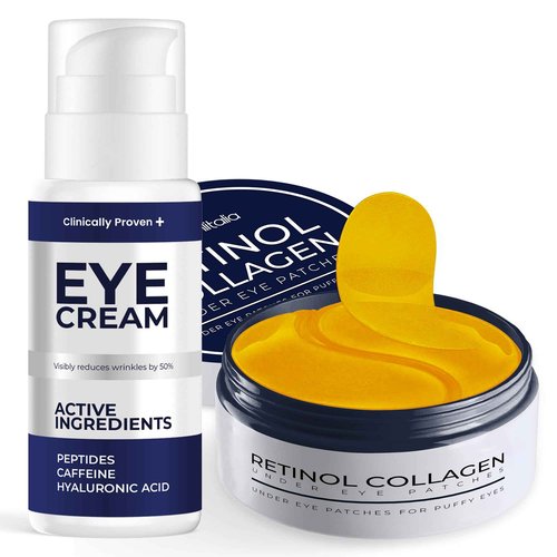 Under Eye Care Bundle: Eye Cream for Dark Circles, Puffiness & Bags with Retinol, Hyaluronic Acid & Caffeine + 30 Pairs Under Eye Patches for Dark Circles & Wrinkles, Anti-Aging Collagen Eye Masks for