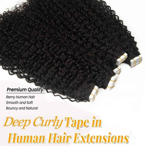 Smartinnov Tape in Hair Extensions Human Hair Deep Curly 14Inch PU Tape Ins for Black Women 20pcs 50G Seamless Curly Tape on Hair Extensions with Invisible Tape Attached Tape on Hair